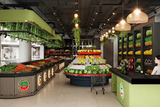 do 3d supermarket render, grocery store plaza bakery, retail shop, 2d layout