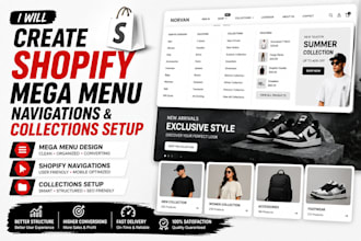create shopify mega menu design, shopify navigations, shopify collections setup