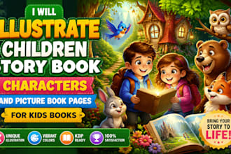 illustrate children story book characters and picture book pages for kids