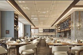design a modern restaurant interior, cafe, bar, food court render, dining space