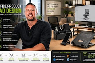 do office product cad design, ergonomic 3d model, workspace rendering, prototype