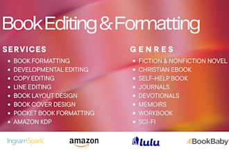book editing and formatting, kindle book formatting, and publishing book layout