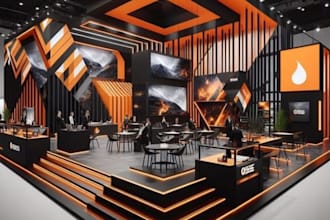 create realistic 3d trade booth, exhibition stand, stall, kiosk, booth, pavilion