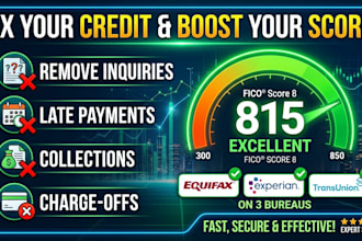 fix credit, remove inquiries, late payment, collection, charge off on 3 bureau