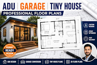 design garage conversion, adu and tiny house architectural floor plans