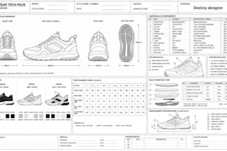 design footwear tech pack, shoe design sneakers, leather boots for manufacturing
