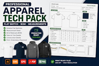 create apparel tech pack, flat sketch, bom and measurement sheet