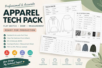 create apparel tech packs with flat sketch, bom and measurement sheet