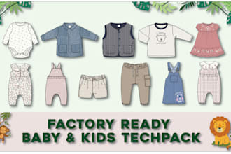 create kids and baby clothing factory ready tech packs