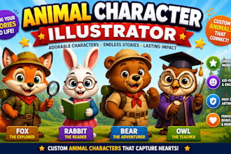illustrate animal book characters and childrens mascots
