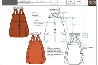 design bag concepts and detailed tech pack for bag product, handbags, backpacks