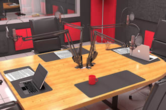 design a professional 3d podcast studio with photorealistic rendering