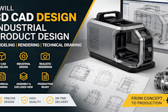 3d cad design, industrial product design, modeling rendering, technical drawing