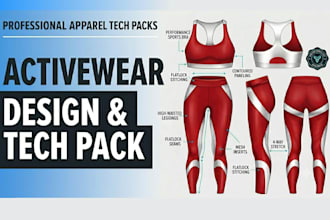 do fashion tech pack for activewear, sportswear, gymwear with technical drawing