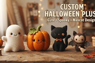 design a custom halloween plush toy, spooky mascot, or plush character
