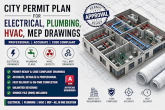 design city permit plan for electrical drawings, plumbing, hvac, mep in autocad