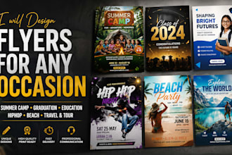 design summer camp, graduation, education, hiphop, beach, travel and tour flyers