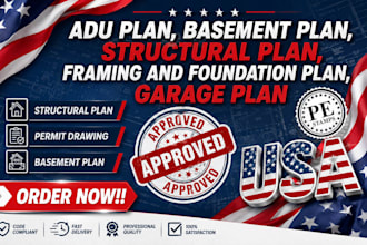 adu plan, basement plan, framing and foundation plan, garage plan