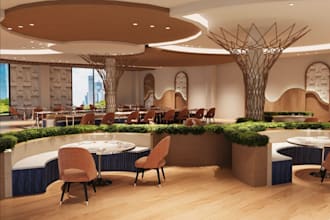 beautify 3d chophouse interior, beverage shop layout,cafe lounge render, cgi bar