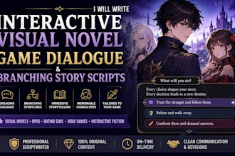 write interactive visual novel, game dialogue, and branching story scripts