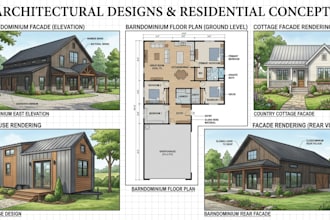 draw 2d barndominium, floor plan, cottage, facade and tiny house rendering
