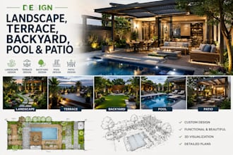design landscape, terrace, backyard, pool, and patio