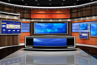 design a 3d news studio or broadcast set with photorealistic visualization