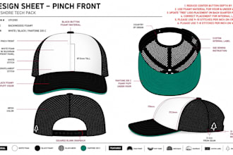 create cap trucker hat and beanie tech pack flat sketch mockup for manufacturing