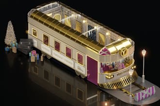 3d christmas train decor,exhibition stand design,mall activation render,lighting