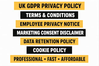 draft UK gdpr privacy policy, cookie policy and terms and conditions, website