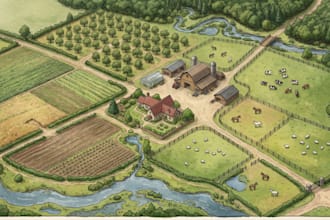 design farm map illustration, ranch map and agricultural property map, site plan