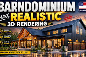 design a modern barndominium and pole barn house plans with realistic 3d render