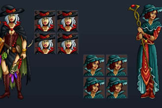 create pixel art characters sprites, rpg maker mv, portraits and game assets