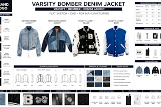 design varsity bomber denim jacket tech pack clo3d flat sketch for manufacturing