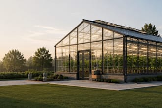 design modern greenhouse with irrigation, lighting and photorealistic renders