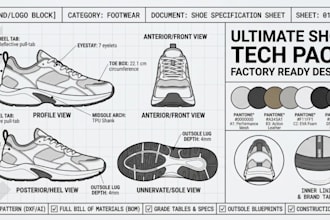 create manufacturer ready shoe tech pack and footwear design for production