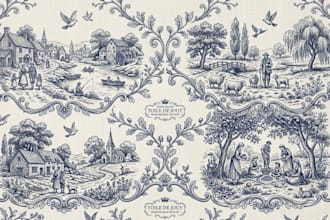 create hand drawn toile de jouy seamless pattern for textile art and home decor