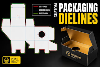 create custom box packaging dieline, cut lines template, diecut and box design