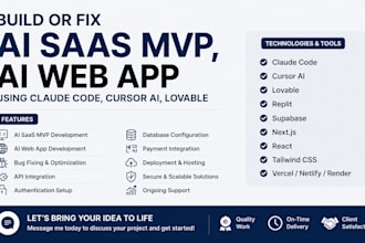 build or fix ai saas mvp, ai web app using claude code, cursor ai, lovable