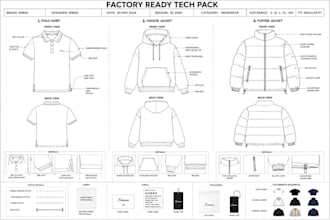 do tech packs for polo shirt, hoodie jacket and puffer jacket for manufacturing