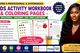 create KDP activity workbooks, puzzles, kids coloring pages, learning worksheets