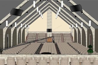 create church interior design, exterior rendering, sketchup models, and autocad