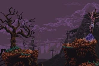 create cinematic indie steam game horror trailer, boss fight cozy pixelart game
