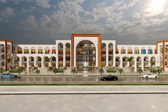 3d architecture facade 3d commercial retail space vs park building, shop design