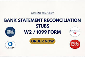 bank statement reconciliation, payroll reports, stubs, 1099, w2