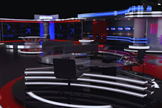 design 3d TV studio, news studio, broadcast studio, podcast, talk show studio