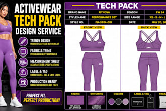 design activewear tech pack cad flat sketch bom for manufacture