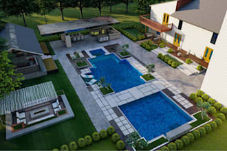 create 3d landscape design for rendering for backyard patio and pool area