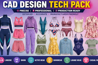 design swimwear bikini tech pack cad flat sketch bom for manufacture