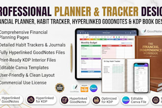 design financial planner, habit tracker journal, hyperlinked goodnotes kdp